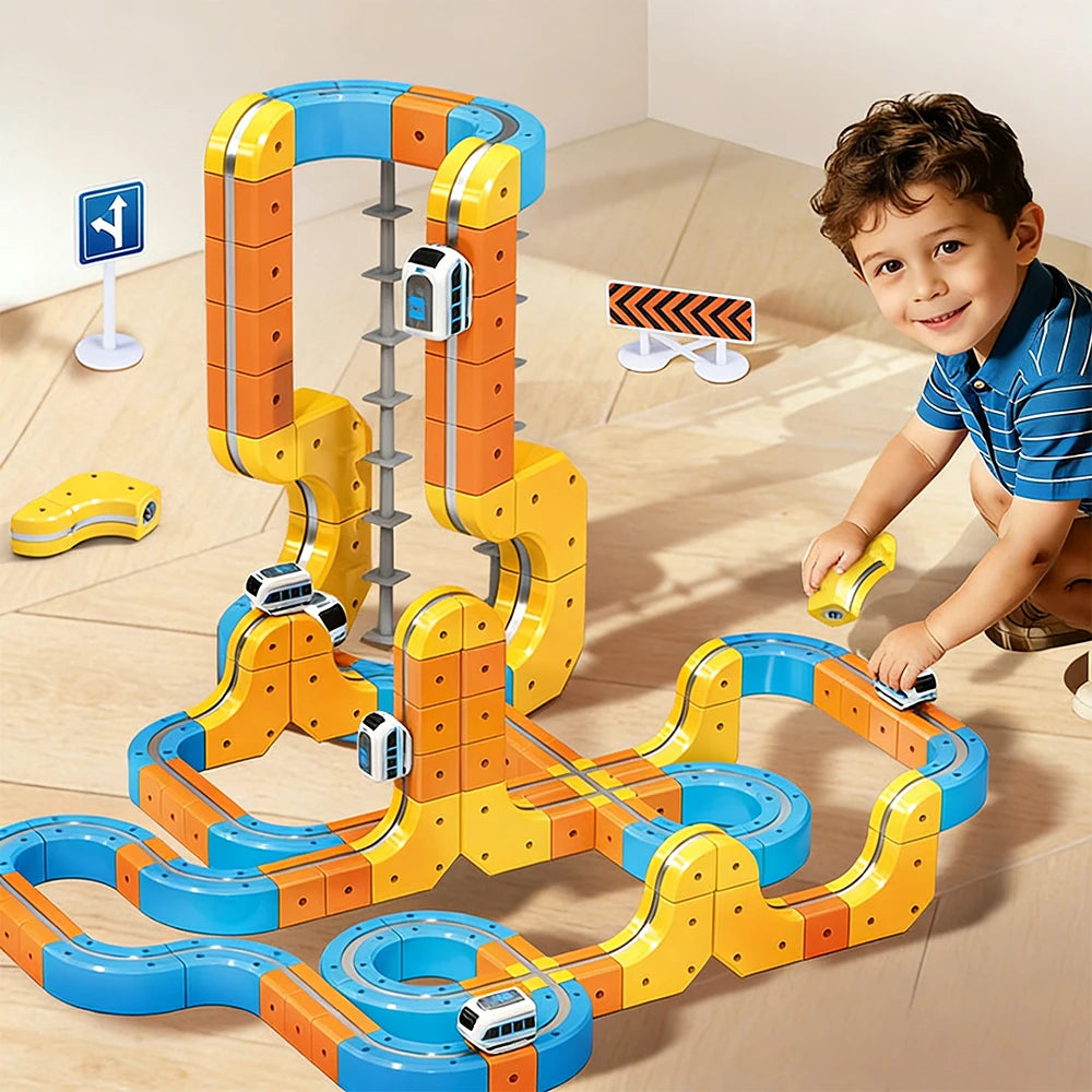 A child is playing with a colorful magnetic 3D cube train set featuring flexible tracks and various components on a wooden fl