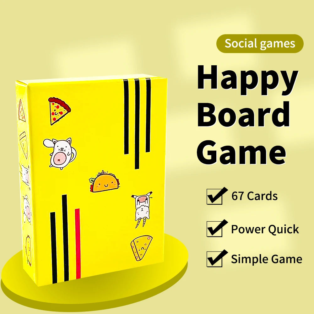 A yellow box of a social game featuring cards, including food-themed illustrations and text about the game.