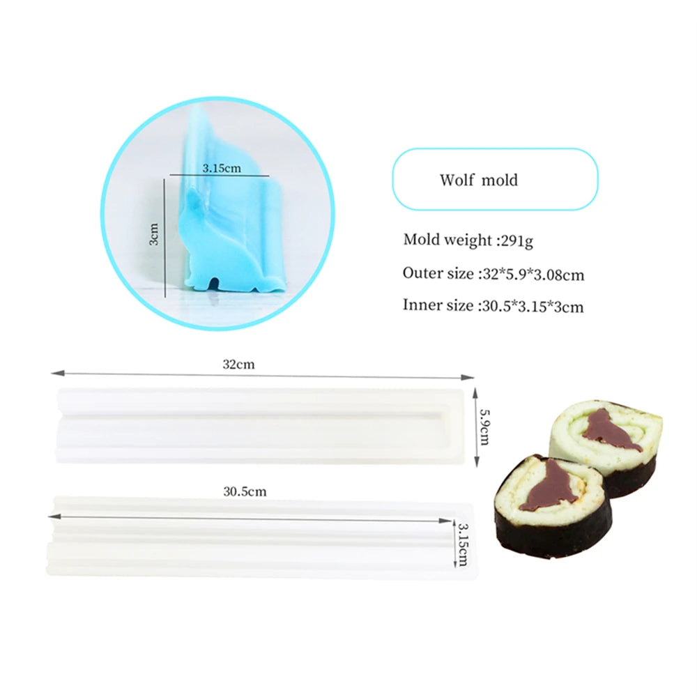 A silicone wolf mold is shown alongside various white molds and a dark chocolate cake.