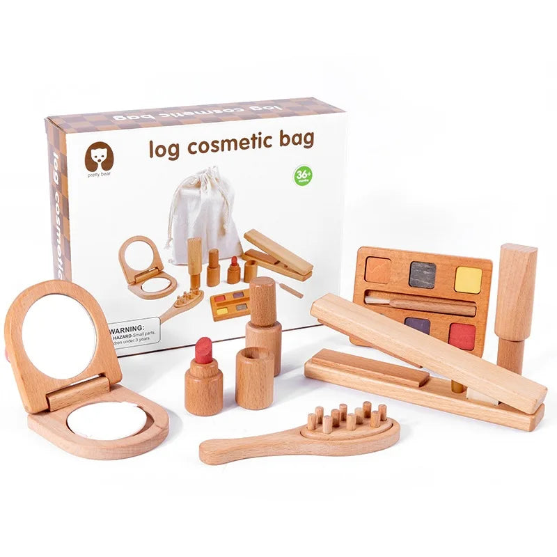 Wooden Pretend Play Makeup Set with Dressing Table & Makeup Bag