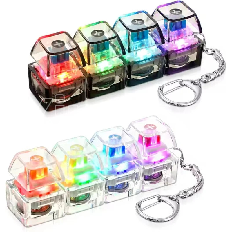A set of nine clear LED fidget buttons packaged on a silver keychain.