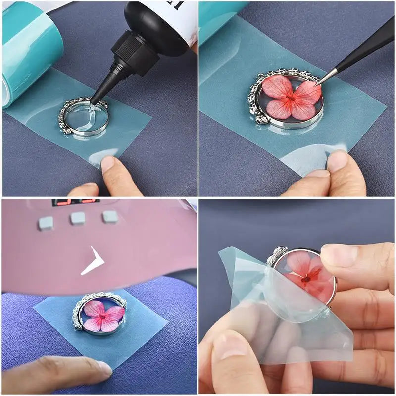 Hands applying clear UV resin glue to a silver ring for jewelry making and crafts.