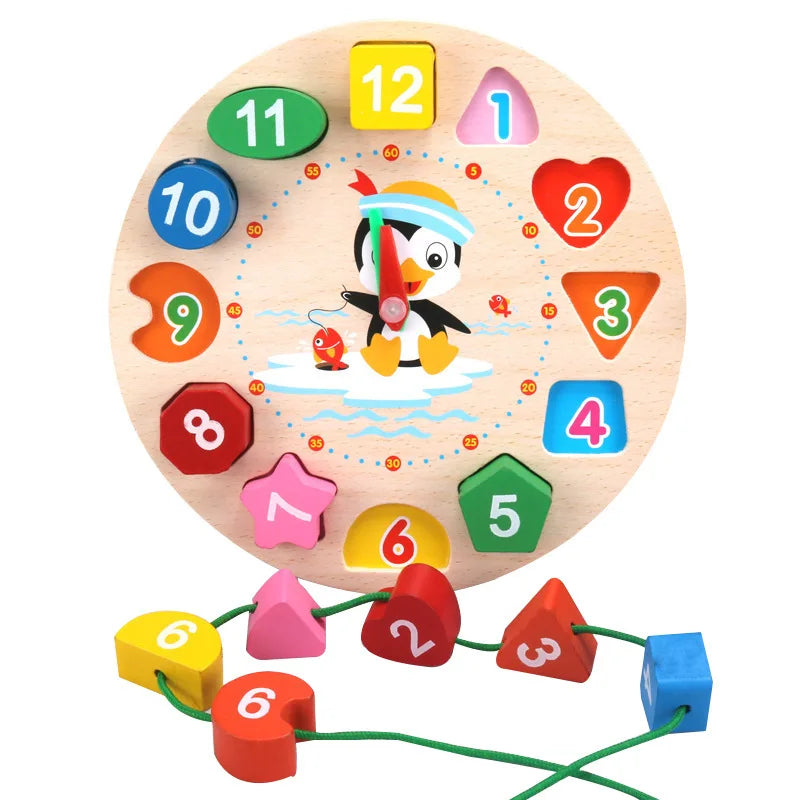 A wooden clock face with numbers and shapes, featuring a penguin design for early learning.