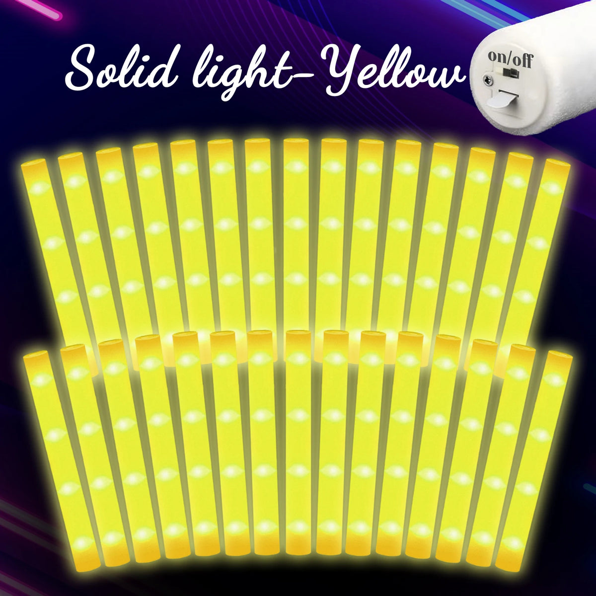 A set of solid light yellow LED foam glow sticks arranged in a fan shape.