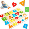 Wooden shape and color sorting puzzle with various colored wooden shapes for toddlers