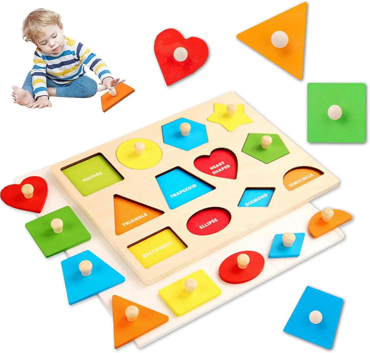 Wooden shape and color sorting puzzle with various colored wooden shapes for toddlers