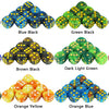 A collection of ten colorful D6 dice in various colors including red black blue black green black purple black purple blue br