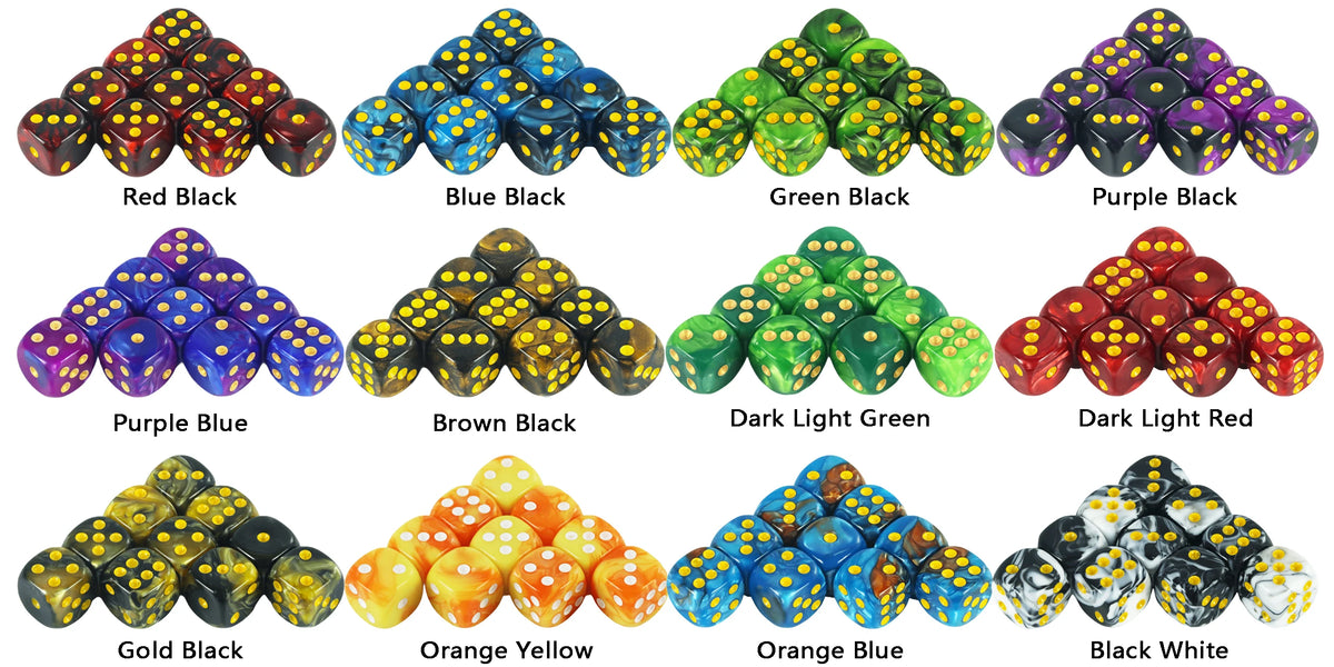A collection of ten colorful D6 dice in various colors including red black blue black green black purple black purple blue br