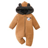 A brown fleece romper for infants with a gray fur hood and a bear face design.