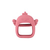A pink silicone teether shaped like a hand for babies.