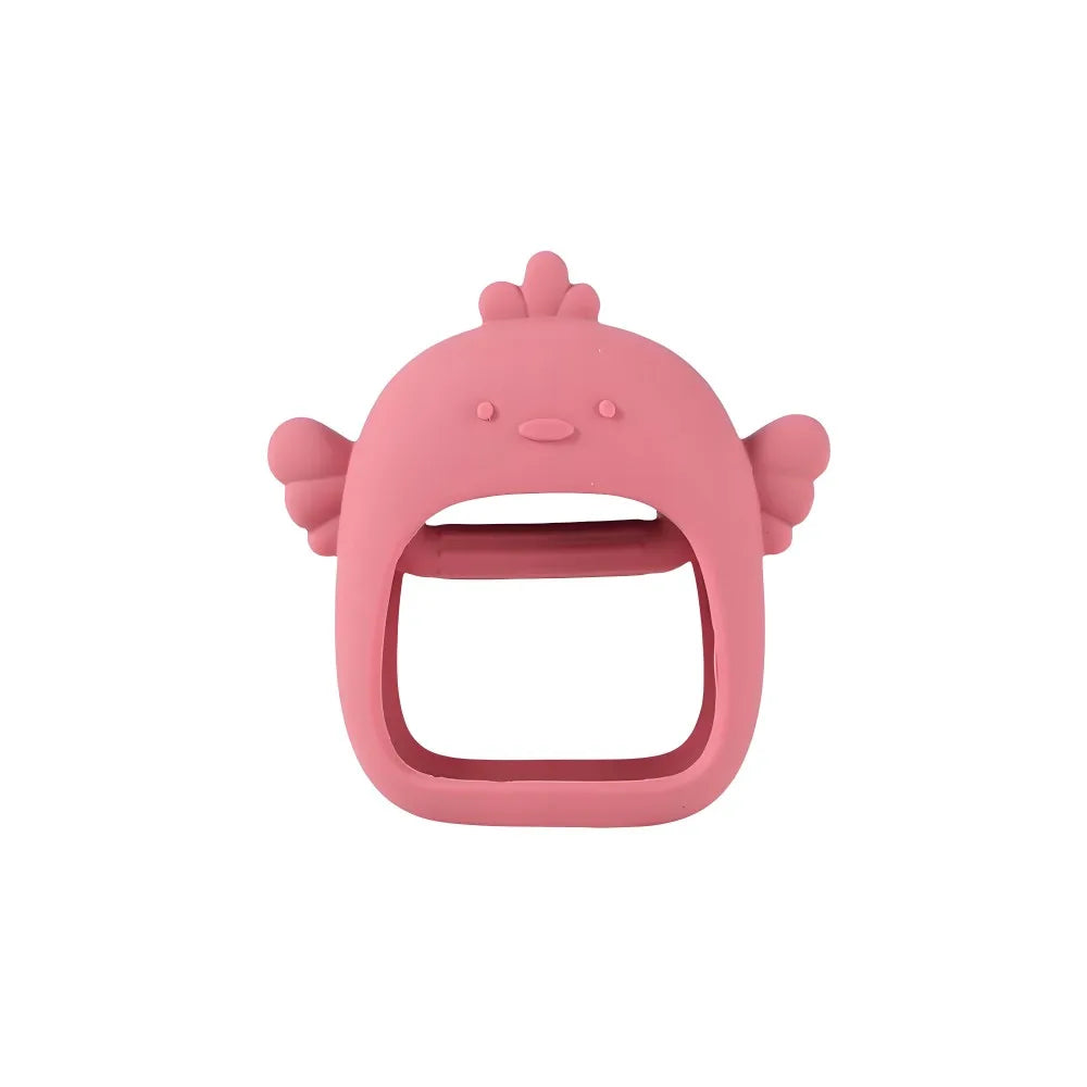 A pink silicone teether shaped like a hand for babies.