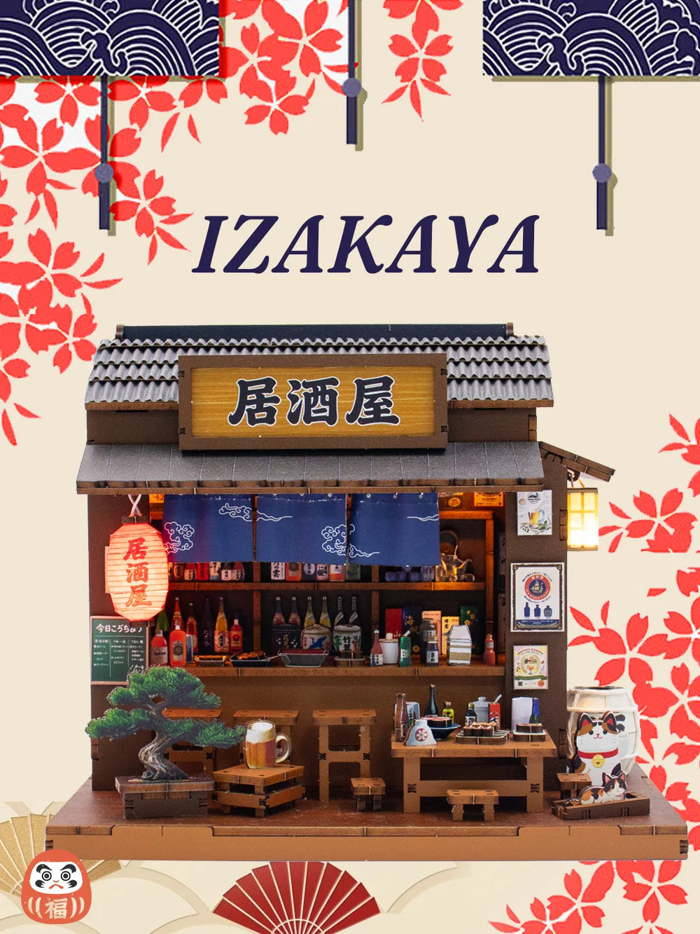 A detailed wooden miniature dollhouse kit of a Japanese izakaya restaurant with signage and interior details.