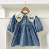 A light blue cotton party dress for girls featuring lace collar details and embroidered accents.