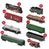 A collection of vintage steam train models including locomotives, freight cars, and passenger carriages with spray effect lab