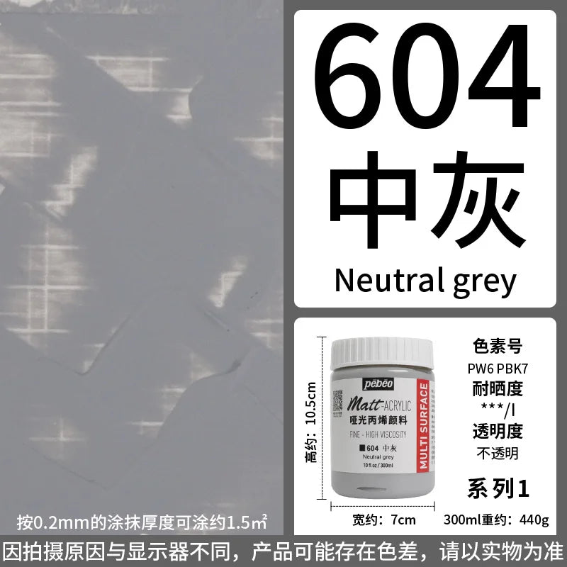 A bottle of PEBEO Matte Acrylic Paint in neutral grey color with product information and usage instructions.