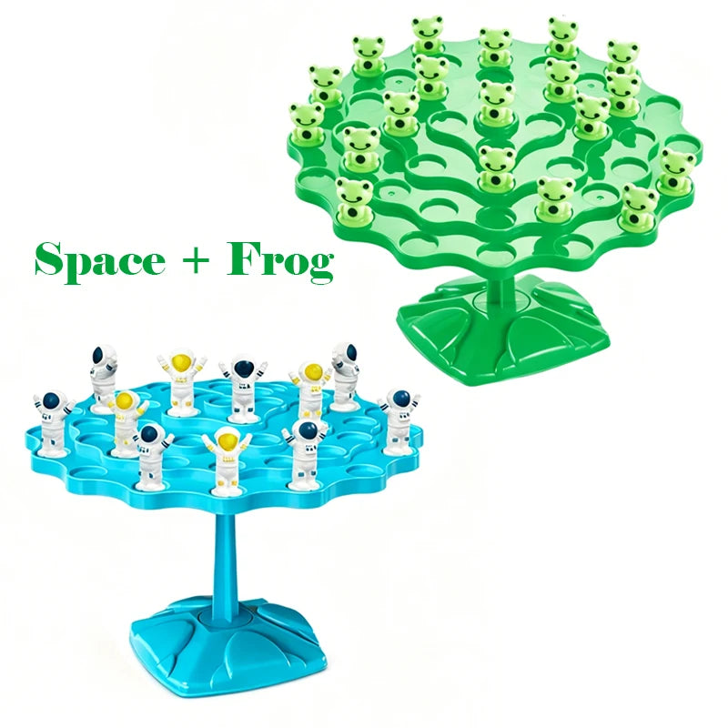 A green frog balance tree game with small green frogs and a blue frog balance tree for kids