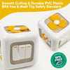 A white Montessori busy cube toy with a clear window showing yellow and white components for sensory play.