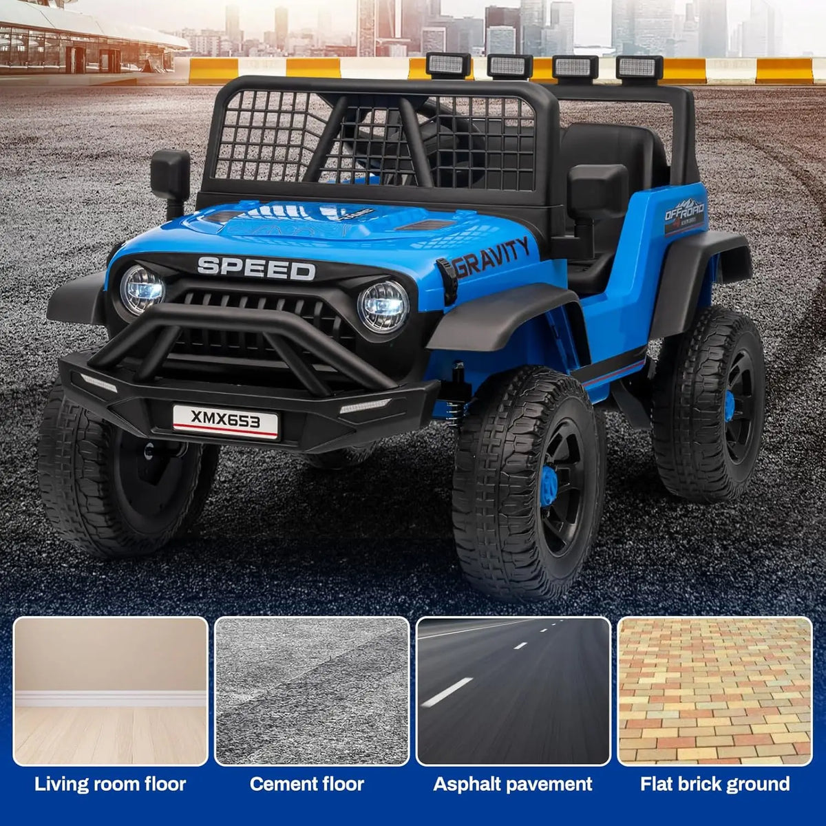 Blue electric ride-on truck for kids with a black cage, featuring LED lights and music.