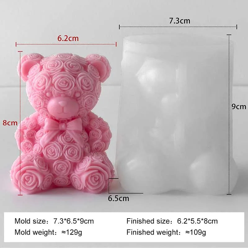 A pink rose bear silicone mold and its finished product, showing the size difference.