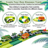 A green dinosaur train track set with various pieces and a mist-spouting volcano model