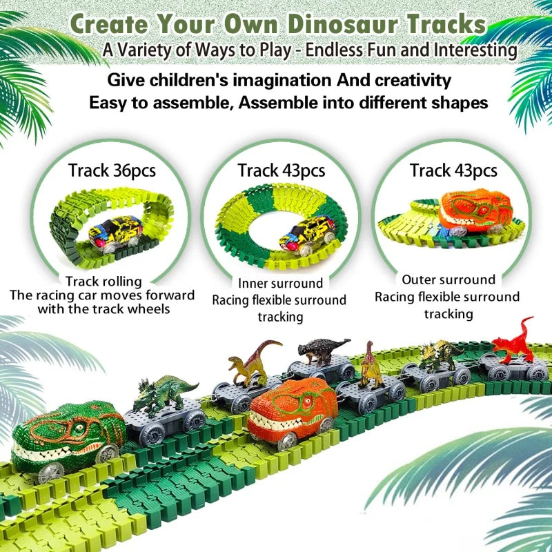 A green dinosaur train track set with various pieces and a mist-spouting volcano model