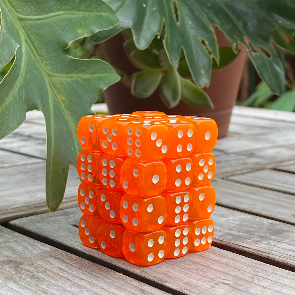 A stack of 36 transparent colorful dice set on a wooden surface next to green leaves.