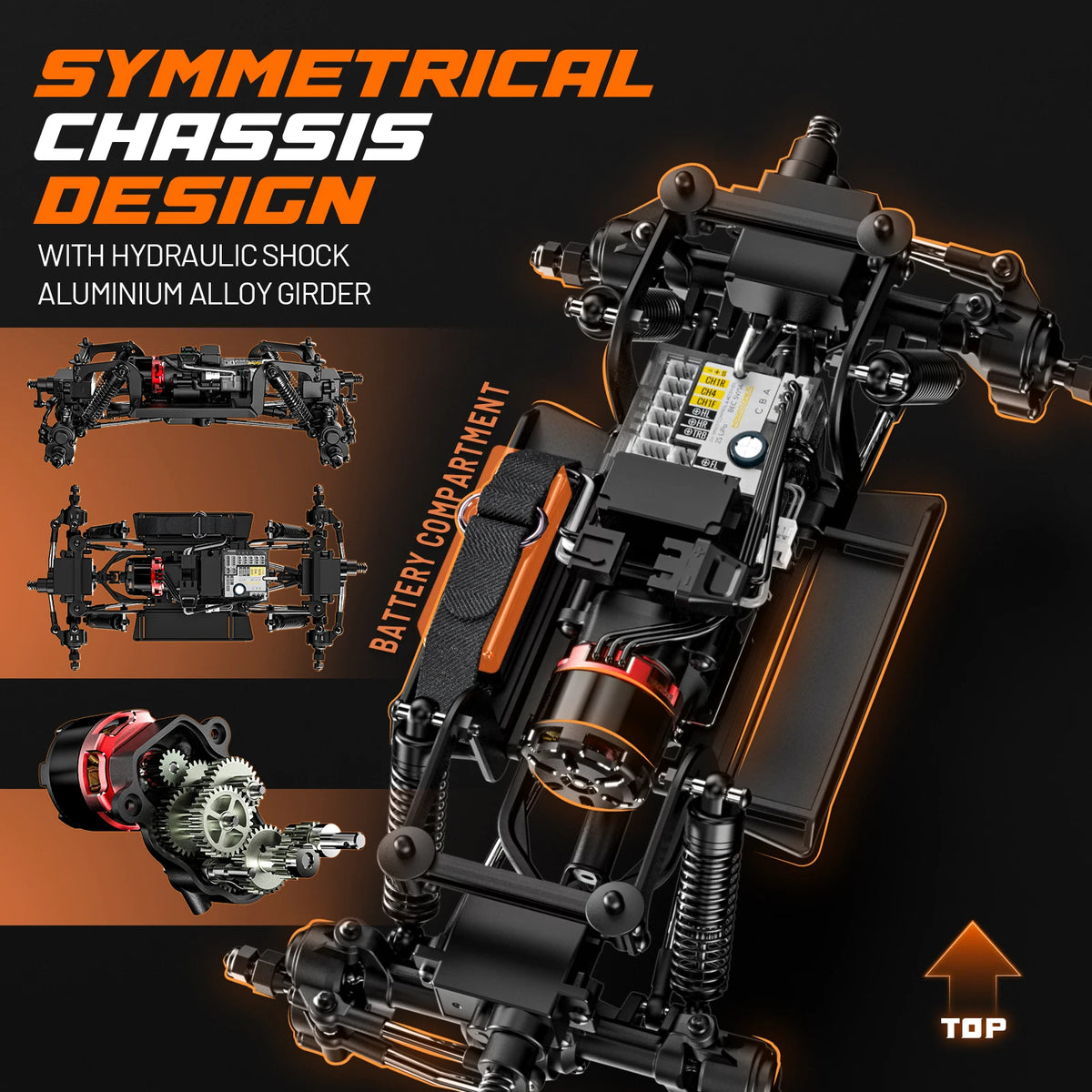 A black 1:18 scale RC rock crawler chassis design featuring a symmetrical build with a hydraulic shock and aluminum alloy gir