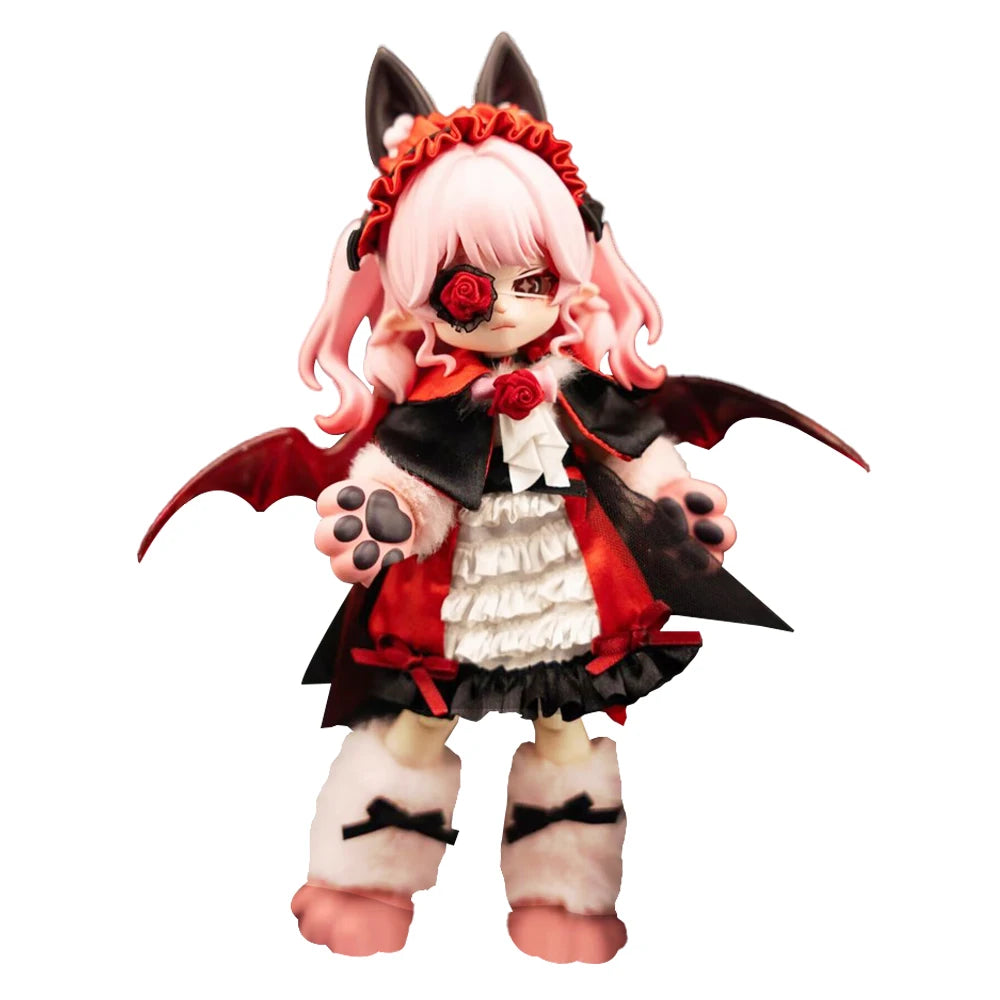 A 1/12 scale Lunar-themed posable doll blind box featuring pink hair, red and black clothing, and bat wings.