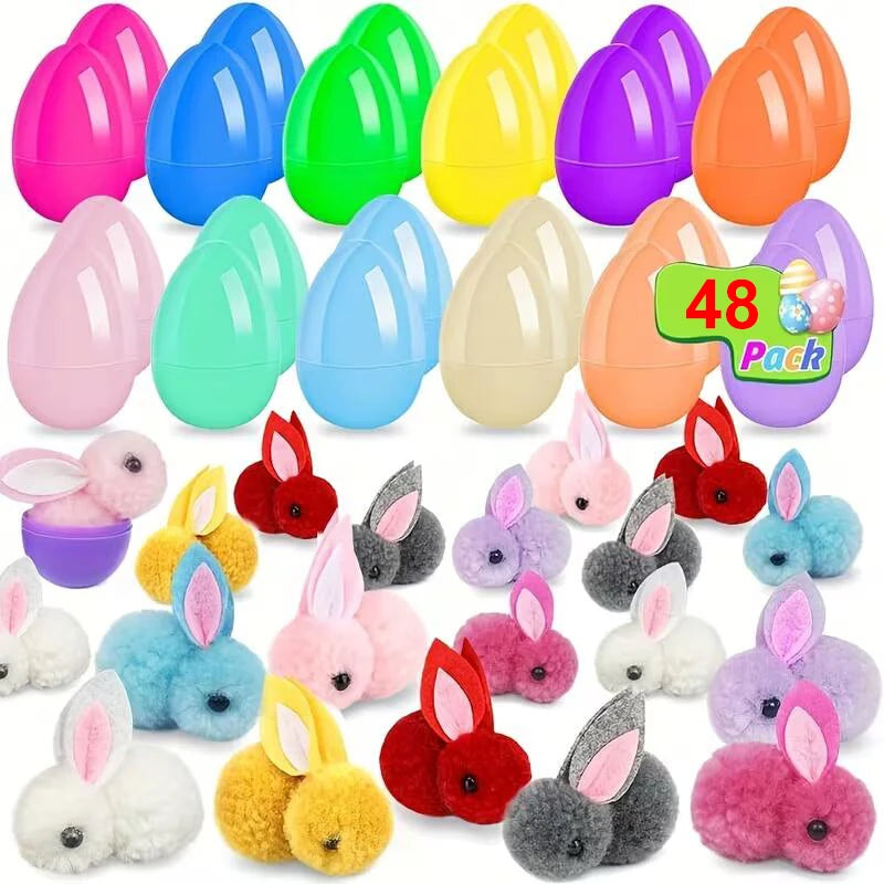 Ensemble œuf et lapin en peluche avec des œufs en plastique colorés et des lapins en tissu doux.