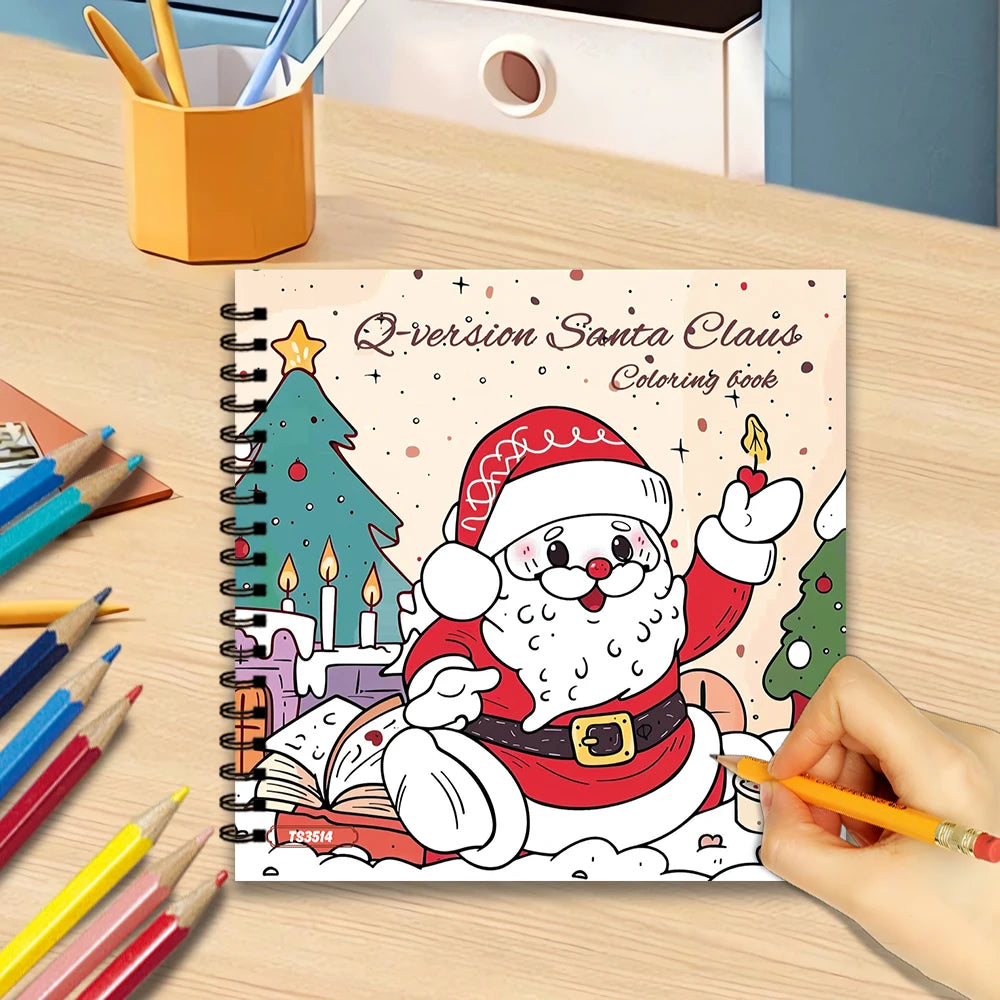 A spiral-bound coloring book featuring a cartoon Santa Claus character on a Christmas tree design.