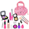 A pink kids pretend play makeup set featuring various cosmetic items and a safe mirror.
