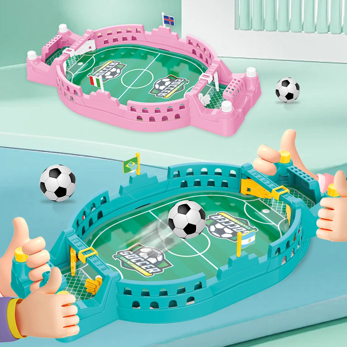 A pink tabletop foosball game set with a ball and a blue version of the same game.