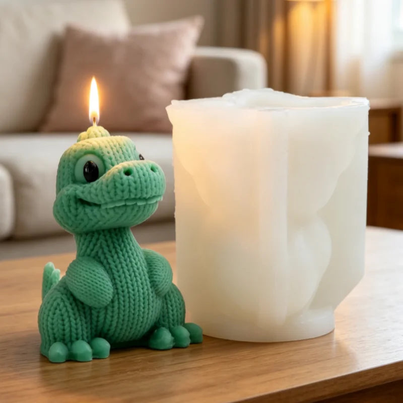 3D Knitted Dinosaur Silicone Candle Mold – Cute Sitting Dino Design for DIY Crafts