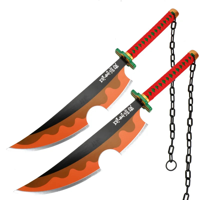 A Japanese katana sword with a black blade, red hilt, and orange-patterned scabbard, shown in profile.