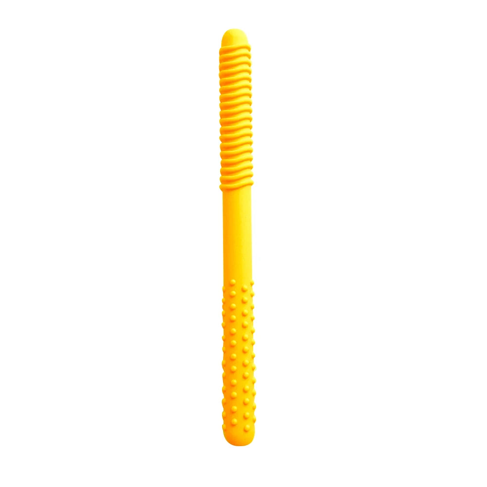 A bright yellow silicone chewing tube with a spiral texture and a textured tip for oral motor training.