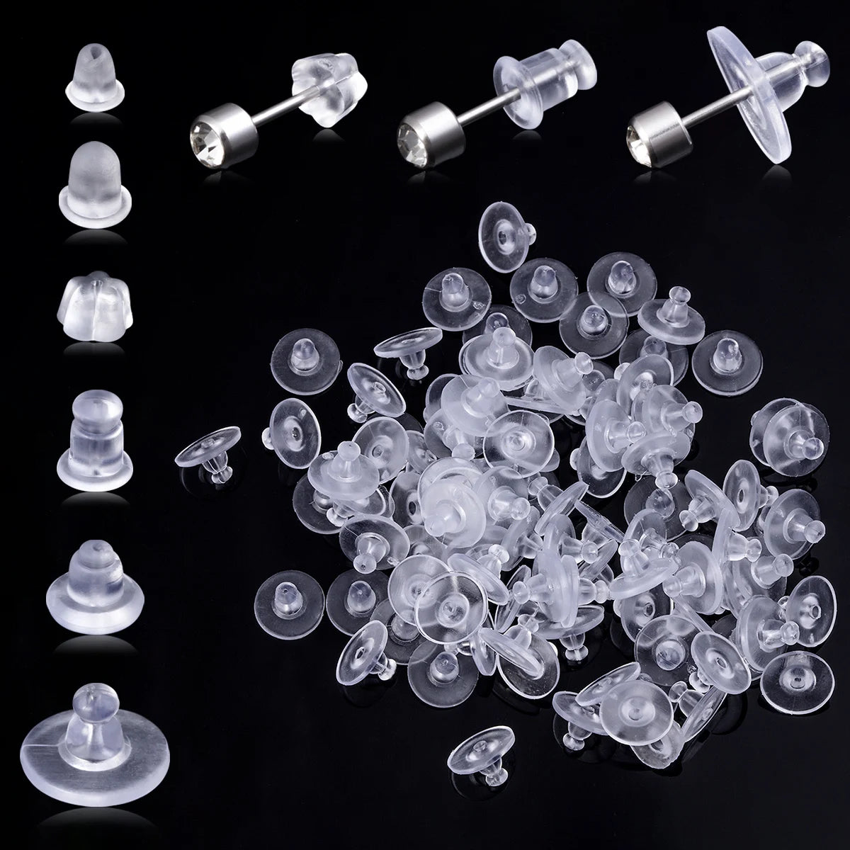 Various clear silicone earring backs and closures shown individually and in a pile.