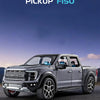 A silver Ford F150 pickup truck is shown in a side profile against a blue sky, parked on asphalt.