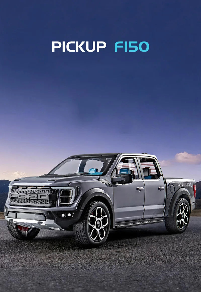 A silver Ford F150 pickup truck is shown in a side profile against a blue sky, parked on asphalt.