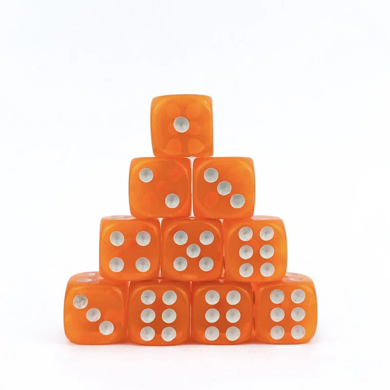 A stack of ten orange translucent dice arranged in a pyramid shape.