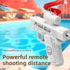 A white plank gun toy is shown ready to shoot water from a swimming pool.