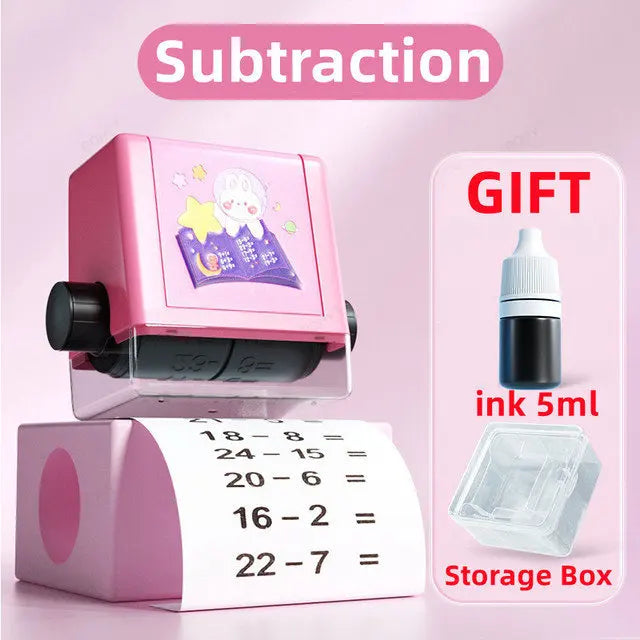 Pink subtraction roller stamp and ink gift set with a storage box for math practice