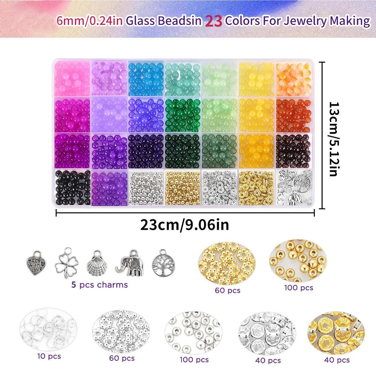 A variety of 23 colors of 6mm round glass beads for jewelry making displayed in a tray and loose.