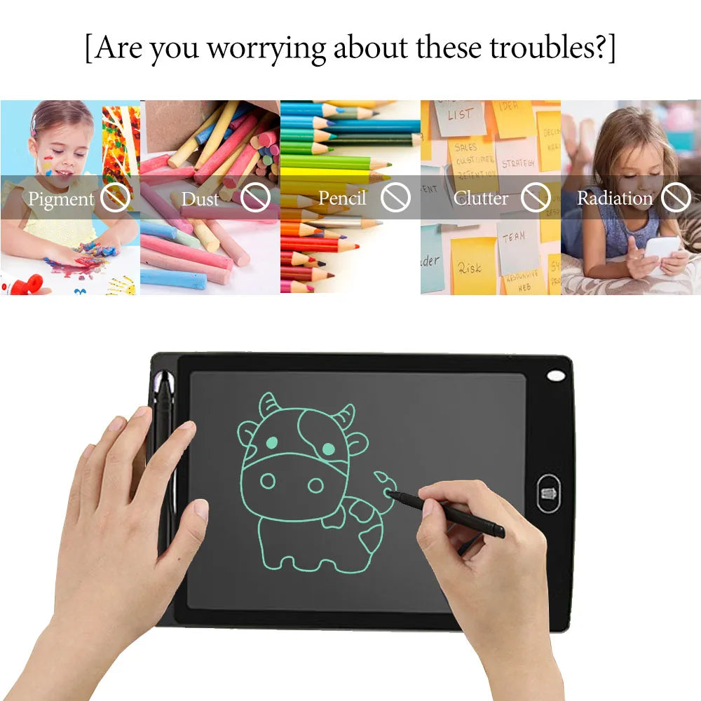 Hands draw a dinosaur on a black LCD writing tablet for kids and adults