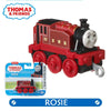 A red and black Thomas & Friends diecast train toy named Rosie with large wheels and a face on the front.