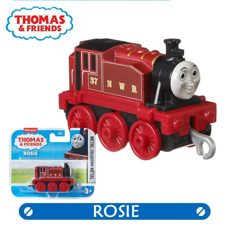 A red and black Thomas & Friends diecast train toy named Rosie with large wheels and a face on the front.