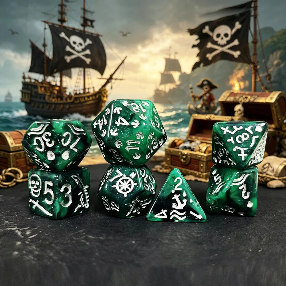 A set of seven green resin polyhedral dice with pirate and skull designs displayed in front of a stormy sea background.