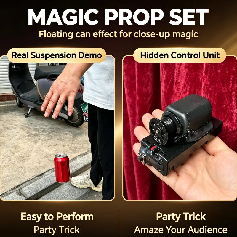 A magic prop set demonstrating a floating can effect, showing the suspension mechanism and control unit.