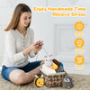 A woman is shown enjoying a handmade time relief activity, holding and working with a beginner crochet kit featuring soft woo