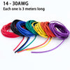 A collection of multi-colored flexible silicone tinned copper wire strands in various gauges, including 14 to 30 AWG.