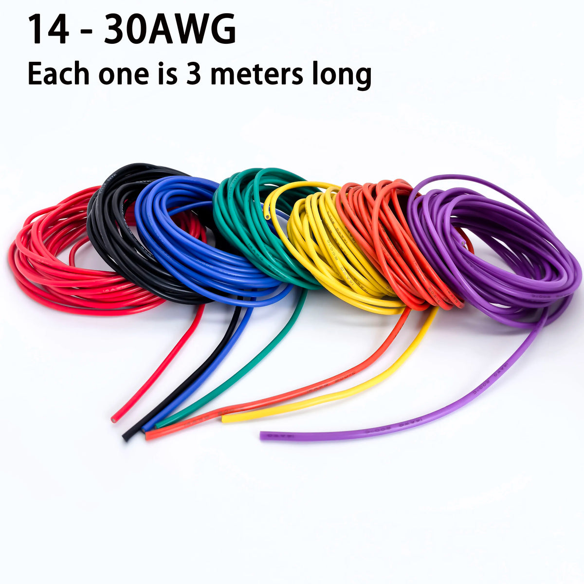 A collection of multi-colored flexible silicone tinned copper wire strands in various gauges, including 14 to 30 AWG.